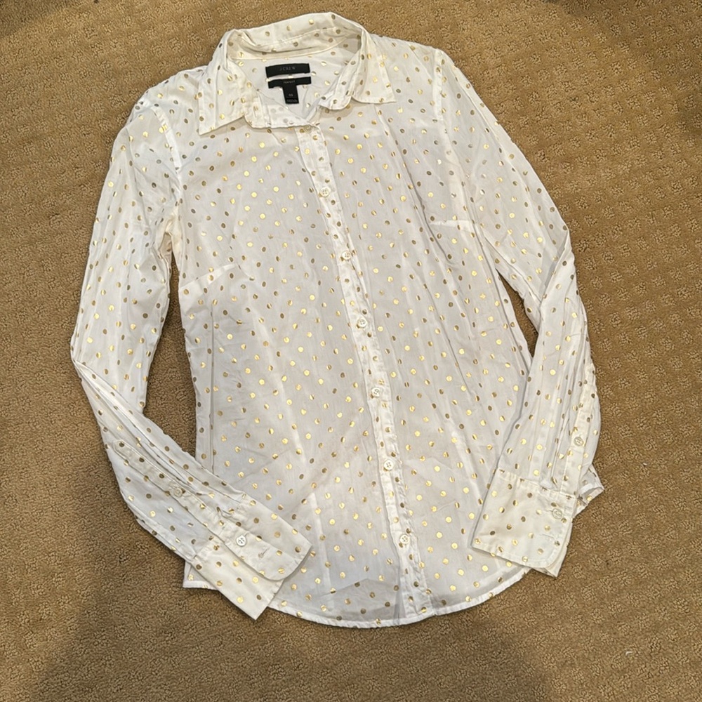 JCrew women’s white and gold polka dot button down shirt